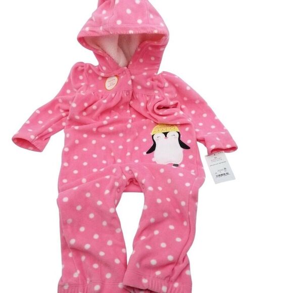 New Carters Pjs One Piece Pajamas Penguin 12 Mos Long Sleeve Pink Polka Dot - Picture 1 of 6